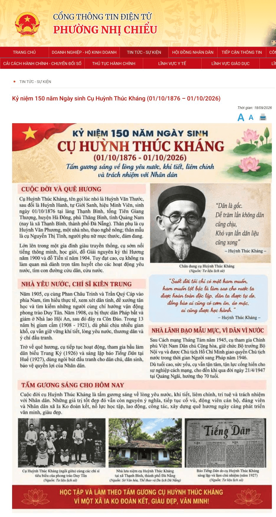 Infographic trên trang phường Nhị Chiểu có chân dung được ghi là tư liệu lịch sử; phần cuối vẫn nhắc đến xã Ia Ko. Ảnh chụp màn hình ngày 2/10/2026.