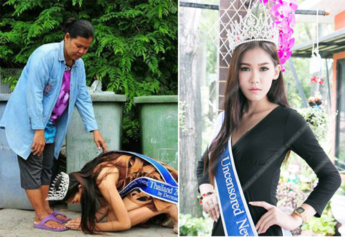 Rơi nước mắt với hình ảnh Hoa hậu Thái Lan quỳ gối trước người mẹ nhặt rác