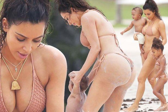 Kim Kardashian tự tin khoe thân hình 'đồng hồ cát' trong bộ bikini hồng