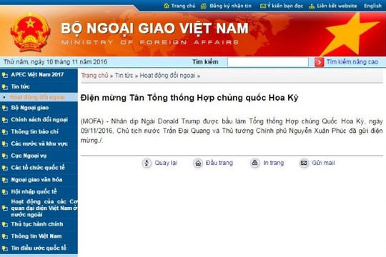 Chủ tịch nước Trần Đại Quang và Thủ tướng Nguyễn Xuân Phúc đã gửi điện mừng ông Donald Trump