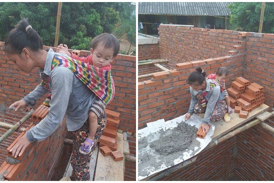 Hình ảnh mẹ nghèo phụ hồ địu con sau lưng đi làm khiến dân mạng Việt chia sẻ rầm rộ