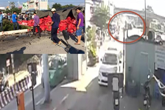 Clip lật xe tải chở hàng trăm két bia, đè trúng hai người đi xe máy ở Đồng Nai