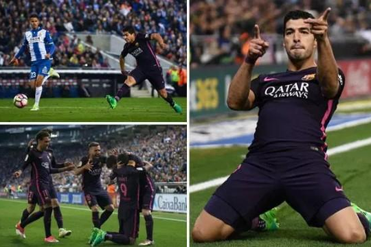 Cú đúp vào lưới Espanyol của Suarez đã giúp Barca lập kỷ lục mới