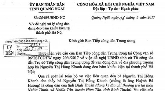 Quảng Ngãi đề nghị xử lý công dân Bình Thuận vì ‘đeo bám khiếu kiện’ ở Hà Nội