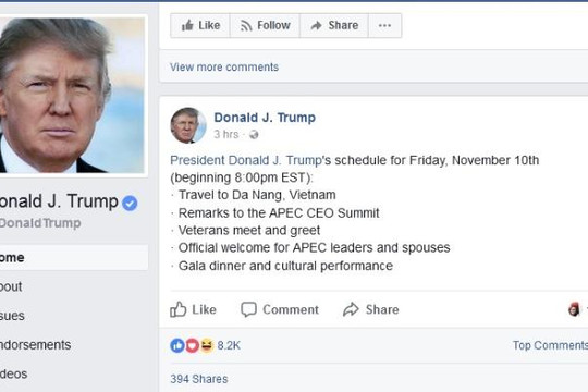 Tổng thống D.Trump cập nhật lịch trình làm việc tại VN trên mạng xã hội Facebook