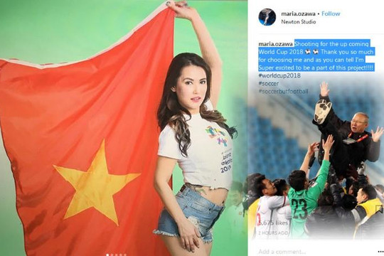 Maria Ozawa cầm cờ đỏ sao vàng cổ vũ U23 Việt Nam thắng Uzbekistan
