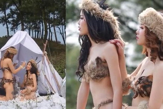 2 mỹ nữ mặc thiếu vải như thổ dân chụp ảnh trên đồi Thông ở Hà Nam