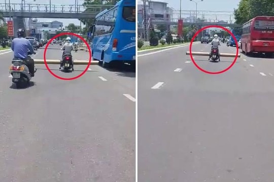 Nữ 'ninja' chở thanh chắn dài hơn 3 mét lao vun vút trên đường