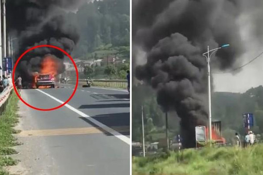 Container bốc cháy ngùn ngụt trên quốc lộ, dân liều lĩnh đến gần quay phim