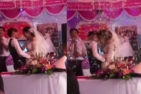 Clip chú rể - cô dâu bị bắn pháo vào mặt lúc hôn nhau ngày cưới