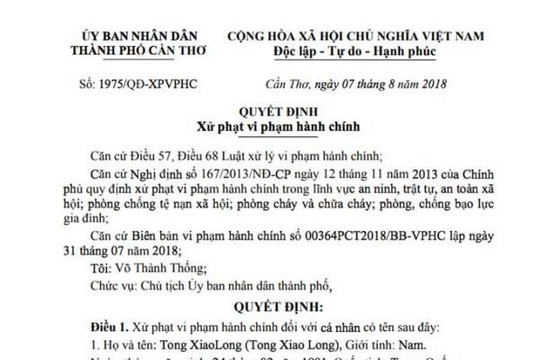 Cần Thơ: Xử phạt 4 người Trung Quốc sang Việt Nam để làm việc chui