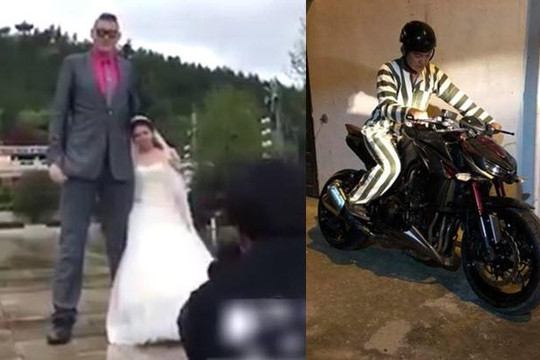 Clip chú rể 2m chụp ảnh cưới với cô dâu 1m5, mặc áo tù chạy mô tô 400 triệu