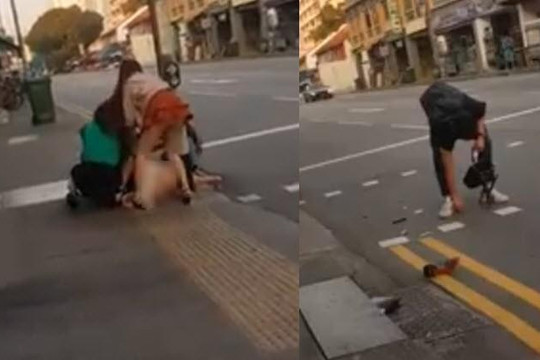 Clip 2 mỹ nữ Việt đánh nhau lộ nội y ở Singapore, người nước ngoài nhặt đồ hộ
