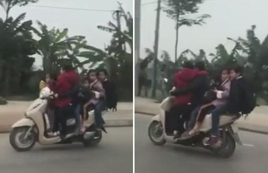 Hoảng hồn người phụ nữ lái xe máy chở cùng lúc 5 đứa trẻ