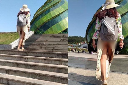 Cô gái thả rông vòng 3 thản nhiên di dạo ở Quảng trường Lâm Viên