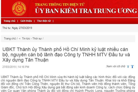 UBKT TP.HCM kỷ luật nhiều cán bộ, nguyên cán bộ lãnh đạo Công ty TNHH MTV Đầu tư và Xây dựng Tân Thuận