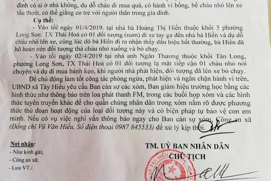 Nghệ An: Xã ra văn bản cảnh báo nghi vấn kẻ lạ bắt cóc trẻ em