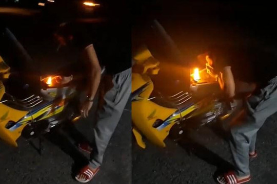Clip tổ lái bị đánh bất tỉnh vì nẹt pô, châm lửa bình xăng xe máy mồi thuốc lá