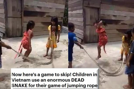 Clip 4 đứa trẻ Việt dùng xác rắn khủng chơi nhảy dây khiến báo Anh kinh ngạc
