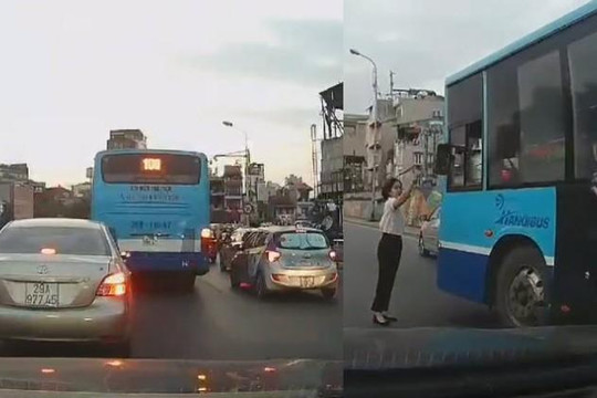 Clip ô tô bị quệt gãy gương, nữ tài xế truy đuổi và chặn xe buýt chạy ẩu ở Hà Nội