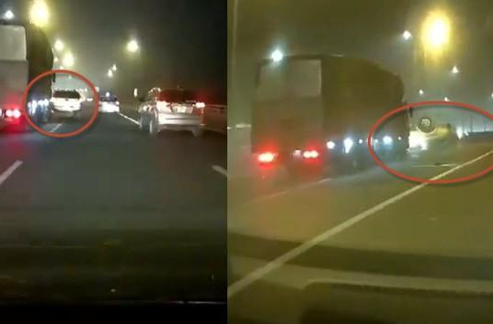 Clip chồng lái ô tô chở vợ con vượt ẩu trên cao tốc Đại Xuyên, bị xe tải húc lật ngửa