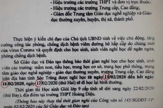 Sóc Trăng: Xuất hiện công văn giả mạo về thời gian cho học sinh nghỉ học