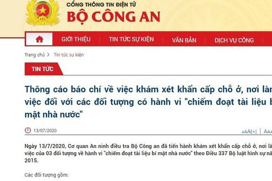 Khám xét khẩn cấp 3 đối tượng ở Hà Nội có hành vi 'chiếm đoạt tài liệu bí mật nhà nước'