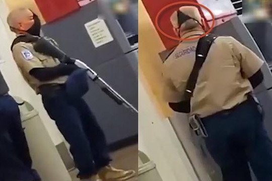 Clip nam nhân viên dùng quần lót nữ thay khẩu trang cầm súng bảo vệ ngân hàng