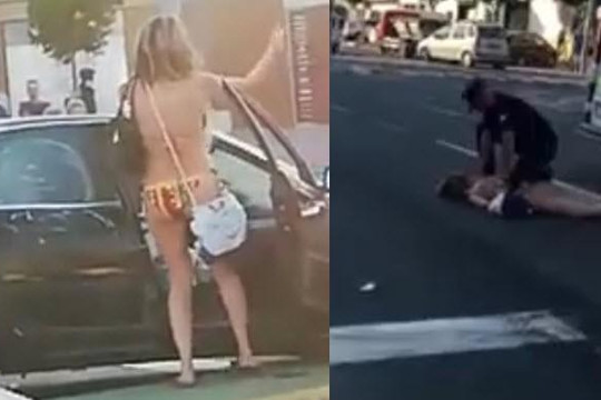 Clip cô gái mặc bikini nhảy múa sau khi lái ô tô gây tai nạn, bị cảnh sát đè xuống đường