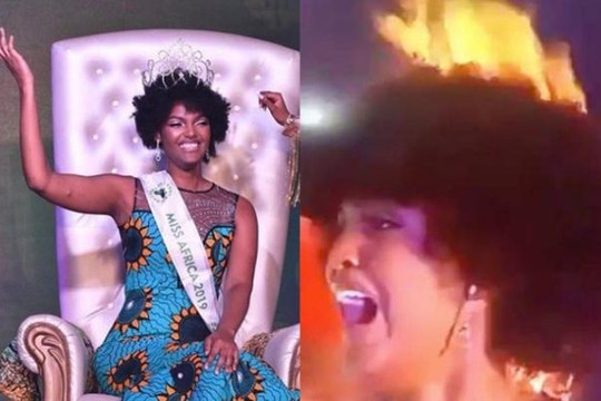 Hoa hậu châu Phi hoảng hốt vì tóc bị cháy khi đang khóc mừng đăng quang