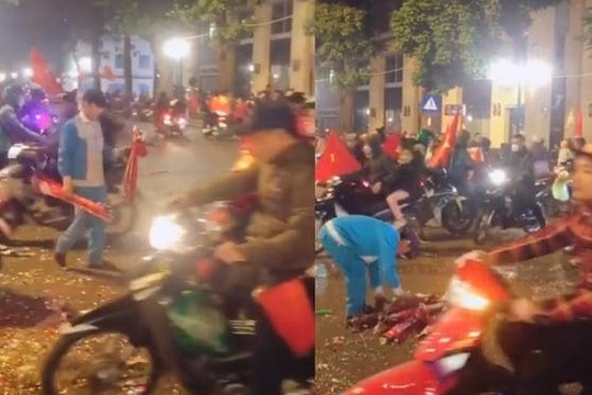 Clip anh lao công lặng lẽ dọn rác đêm lịch sử của bóng đá Việt Nam