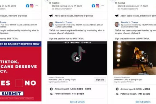 Tổng thống Trump chạy quảng cáo Facebook, Instagram kêu gọi cấm TikTok