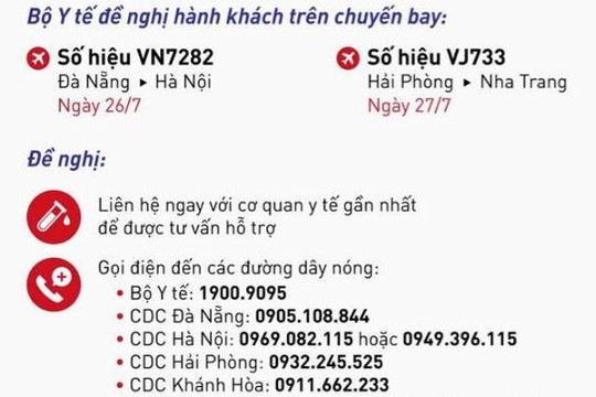 Bộ Y tế thông báo tìm người trên chuyến bay Đà Nẵng - Hà Nội, Hải Phòng - Nha Trang