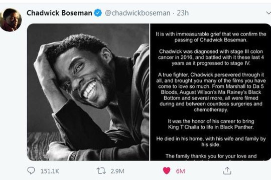 Tweet về diễn viên siêu anh hùng Chadwick Boseman được like nhiều nhất mọi thời đại