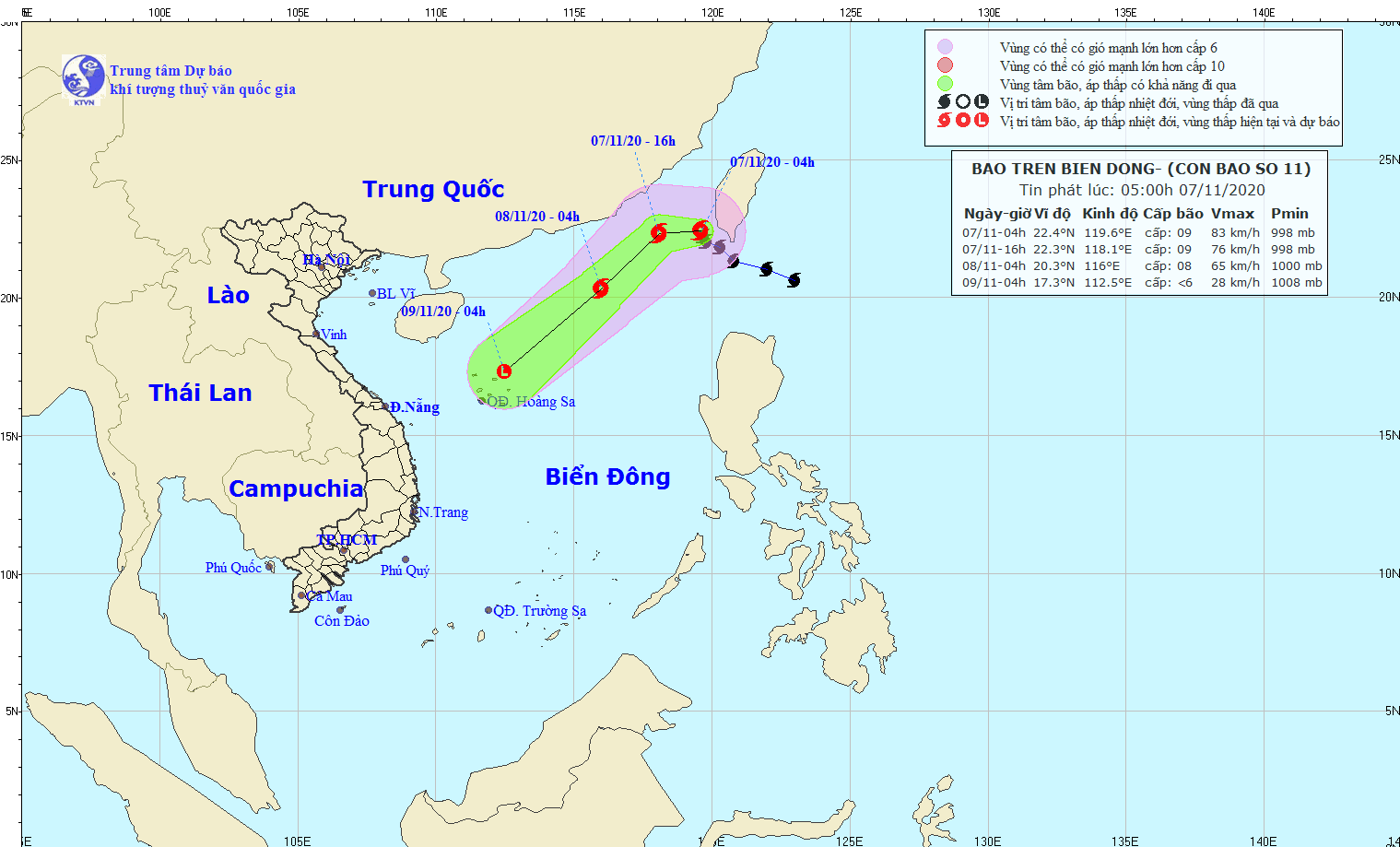 Bão số 11 có khả năng suy yếu thành áp thấp nhiệt đới khi đến khu vực quần đảo Hoàng Sa