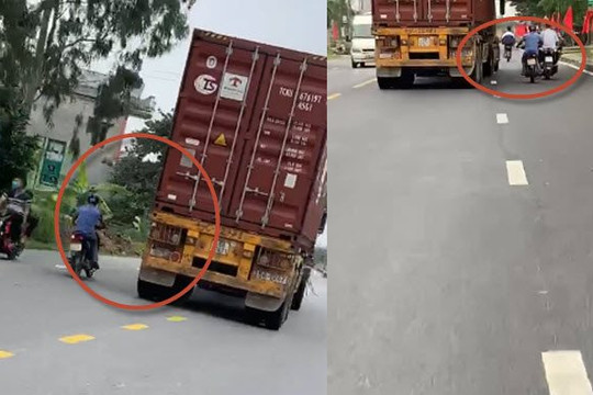 Clip container liên tục lạng lách ép xe máy ở Thái Bình, cụ ông bị vạ lây
