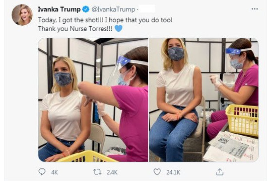 Ivanka Trump phá vỡ sự im lặng trên Twitter sau 3 tháng, khoe ảnh tiêm vắc xin COVID-19