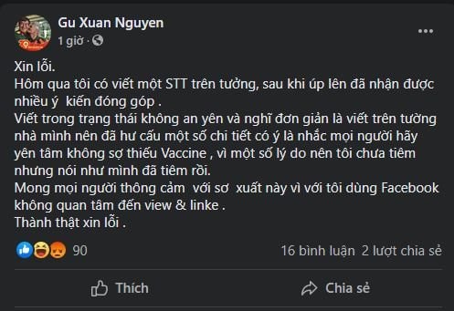 Tài khoản Nguyễn Xuân Gụ cải chính đã hư cấu việc đi tiêm vắc xin nhờ “chú em”