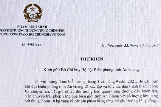 Phó Thủ tướng Thường trực Chính phủ gửi thư khen Bộ đội Biên phòng An Giang