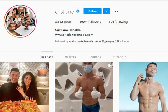 Ronaldo thành người đầu tiên có 400 triệu lượt follow trên Instagram, chỉ thua 1 tài khoản