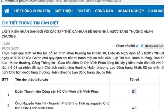 Nguyên Chủ tịch tỉnh Vĩnh Phúc Nguyễn Văn Trì nói gì về việc đề xuất tặng huân chương
