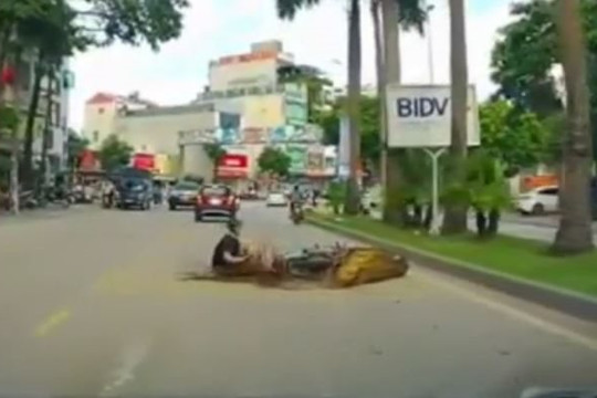 Clip cành cau rơi xuống đường khiến thanh niên gặp tai nạn xe máy