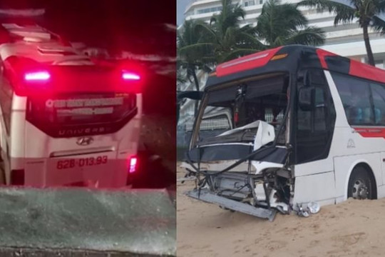 Clip xe khách 46 chỗ tông bể rào chắn bằng kính cường lực, lao xuống bãi biển Phú Quốc