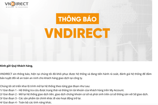 VNDirect thông báo khách hàng đã có thể tra cứu số dư trên hệ thống