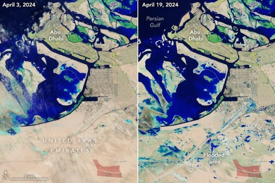 Cảnh ngập lụt chưa từng thấy tại UAE nhìn từ vệ tinh