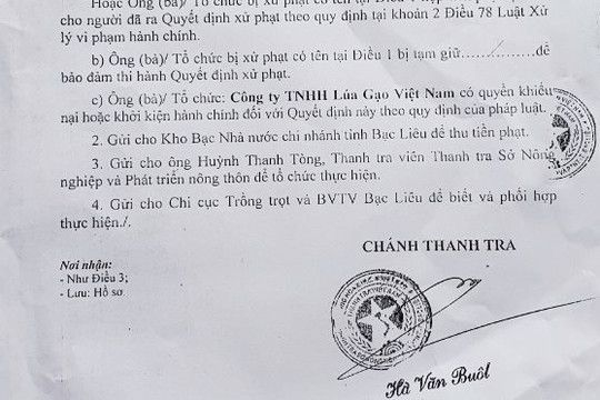 Bạc Liêu: Công ty TNHH lúa gạo Việt Nam bị phạt 25 triệu đồng