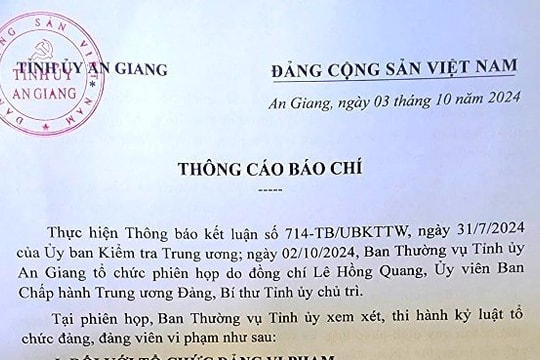 An Giang: Kỷ luật nguyên Chánh văn phòng UBND tỉnh và nhiều tổ chức đảng