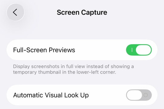 iOS 26 cho phép tắt chế độ xem ảnh chụp toàn màn hình