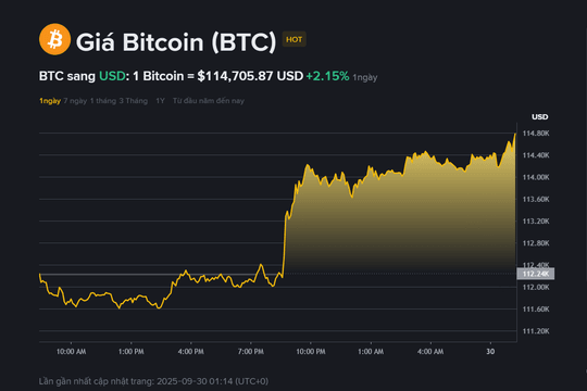 Giá Bitcoin hôm nay 30.9: Vượt 114.000 USD, đà tăng quay trở lại
