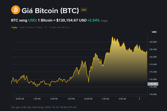 Giá Bitcoin hôm nay (3.10): Chạm mốc 120.000 USD, thị trường hưng phấn trở lại
